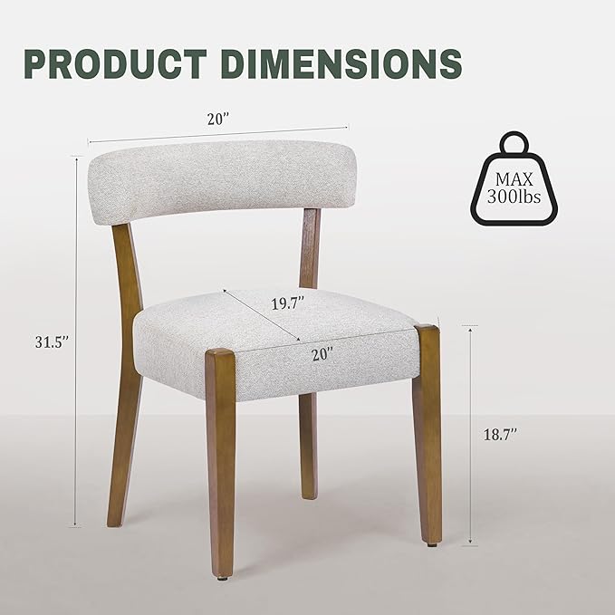 Modern Dining Chairs Set of 2, Walnut Upholstered Kitchen & Dining Room Chairs, Mid Century Modern Wooden Dining Chairs Oversized Sturdy Rounded Chairs Curved Back, Beige Fabric