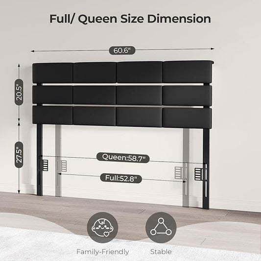 Full/Queen Size Upholstered Velvet Headboard, Adjustable Head Boards with LED Light & Charging Station, Bed Headboard Only, Attach Frame, Study & Comfortable, Ideal for Bedroom, Dorm, Black