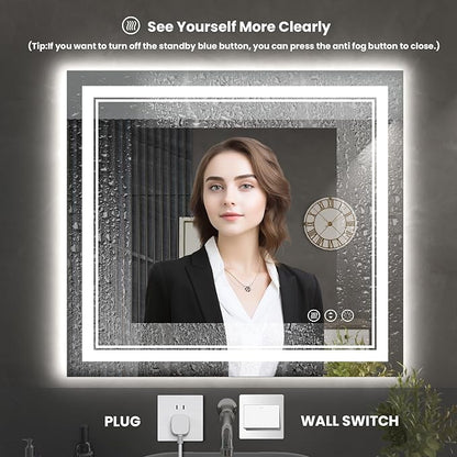 40 x 38 Inch LED Bathroom Mirror, Front Light and Backlit Anti-Fog Dimmable Memory Lighted Vanity Mirror, Shatterproof Wall-Mounted Led Mirror for Bathroom