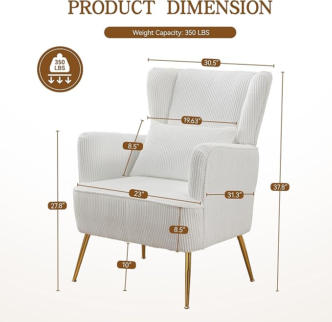 Living Room Chairs Corduroy Accent Armchair with Lumbar Pillow & Gold Leg, 8.5" Thick Cushion, Mid Century Modern High Wingback Bedroom Chairs Upholstered Comfy Sofa Arm Chair, White