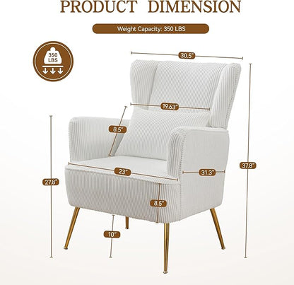 Corduroy Accent Living Room Arm Chair with Pillow & Golden Legs, 8.5" Thick Cushion, Mid Century Modern Wingback Chairs Upholstered Comfy Sofa Armchair for Reading Room/Bedroom, White