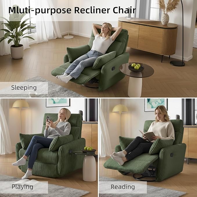 Swivel Recliner Chair for Adults, Corduroy Nursery Glider Rocking Chair, Armchair with 2 Pillows, Comfy High Back Reclining for Small Spaces, Nursery Bedroom Living Room (Corduroy Green, 1 Pack)
