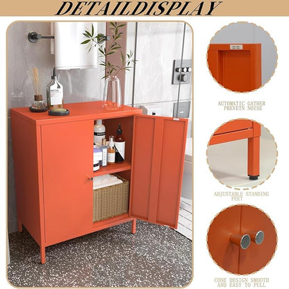 Living Room Cabinets,Orange Lockable Storage Cabinets with Doors and Shelves,2 Door Cabinet with high feet,Modern Metal Locker,Low Side Cupboard for Home,Office,Kitchen,Bathroom,Dining Room
