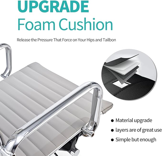 Mid Back Support with Arm Rest Office Ergonomic, Adjustable Swivel Vegan Leather Desk, Receptionist Chairs -Grey