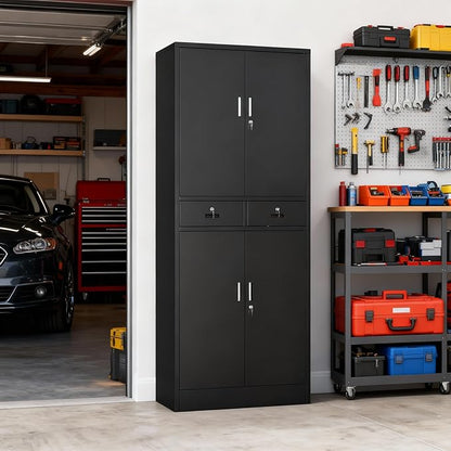 BESFUR Metal Cabinet, Garage Storage Cabinet with Drawers and Adjustable Shelves for Garage, Office, Classroom- Black