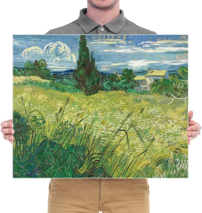 Wieco Art Abstract Canvas Prints Wall Art Green Field 1889 by Van Gogh Famous Oil Paintings Reproduction Artwork Stretched Landscape Picture for Living Room Home Office Decoration