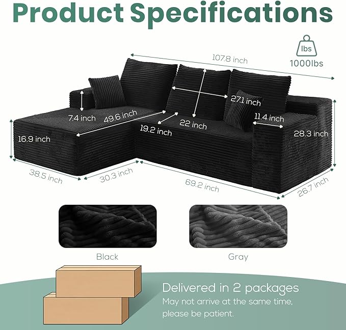 107" Boneless Couches for Living Room, Modular Cloud Sectional Couches L Shaped Sofa with Oversized Chaise Comfy Corduroy Home Sofa (Black, Left Facing Chaise)