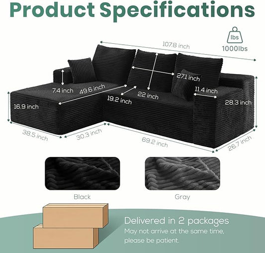 107" Boneless Couches for Living Room, Modular Cloud Sectional Couches L Shaped Sofa with Oversized Chaise Comfy Corduroy Home Sofa (Black, Left Facing Chaise)