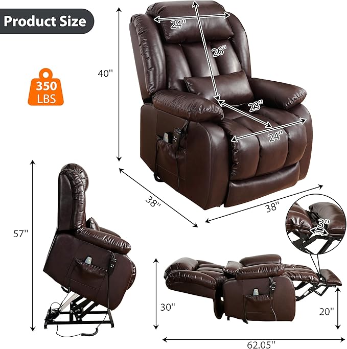 EDILLY Large Genuine Leather Power Lift Recliner Chair for Elderly, Dual Motor with Massage and Heating,with Double Lumbar Cushion and Extended Footrest,USB Port and Remote(Brown)