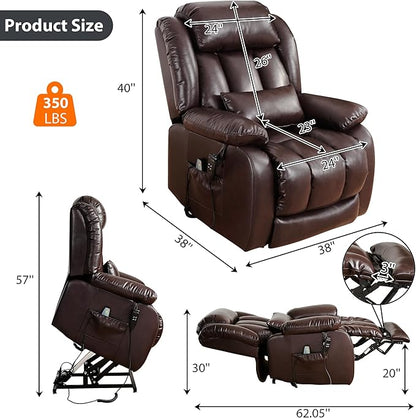 EDILLY Large Genuine Leather Power Lift Recliner Chair for Elderly, Dual Motor with Massage and Heating,with Double Lumbar Cushion and Extended Footrest,USB Port and Remote(Brown)