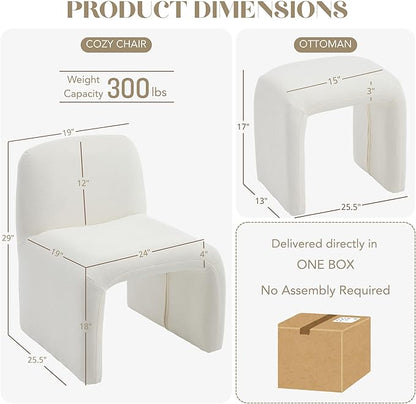 Accent Reading Chair with Ottoman, Chenille Upholstered Comfy Armless Accent Chair with Footrest Modern Side Lounger for Living Room Bedroom, White