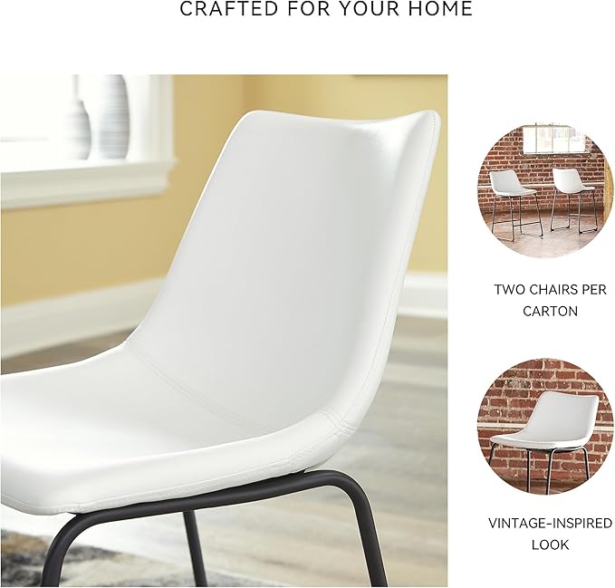 Signature Design by Ashley Centiar Casual Bucket Seat Dining Upholstered Bar Stool with Black Metal Base, Set of 2, Faux Leather, 23.75" Seat Height, White