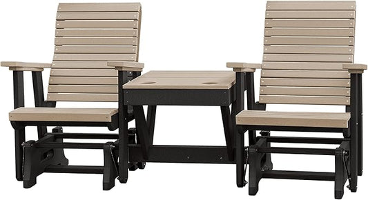 DutchCrafters Modern Horizontal Slat High Back Poly Double Glider Chairs with Center Table Outdoor Patio Furniture (Black & Weatherwood)