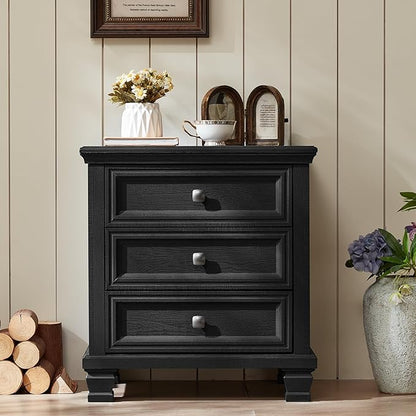 Farmhouse Nightstand Set of 2, Rustic Couch End Table with 3 Drawers & 4 Square Solid Wood Legs, Vintage Bed Side Table with Storage, Small Dresser for Bedroom, Living Room, Black