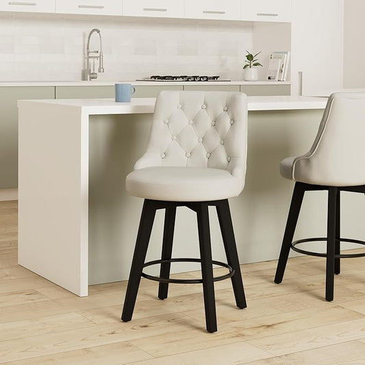 Watson & Whitely Counter Height Bar Stools, Faux Leather Upholstered Modern Swivel Barstool with Back, Solid Wood Legs, 26" H Seat, White