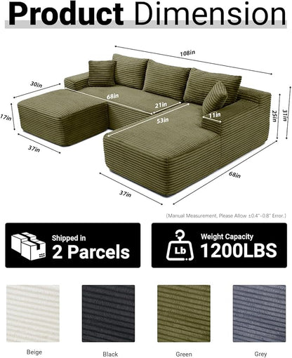 108 Inch Cloud Sectional Couch,Modern Modular Sectional Sofa with Deep Seat,Corduroy Boneless Couches with L-Shape Chaise for Living Room,No Assembly Required (Green, Right Facing Chaise + Ottoman)