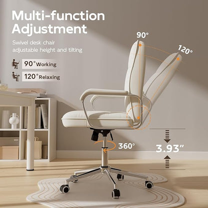 White Office Chair with Soft Leather, Swivel Computer Home Office Desk Chair with Wheels and Padded Arms, Adjustable Height and Tilt