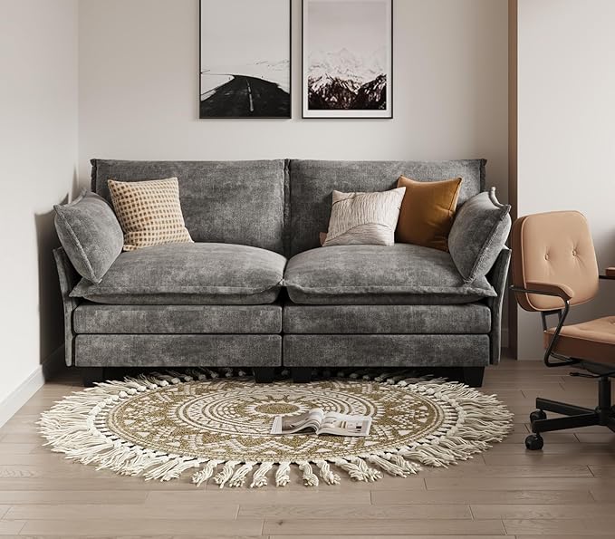 KKL Modular Sectional Sofa, Loveseat 2 Seater Cloud Couch, Chenille Modern Sectional Couches for Living Room, Apartment Grey