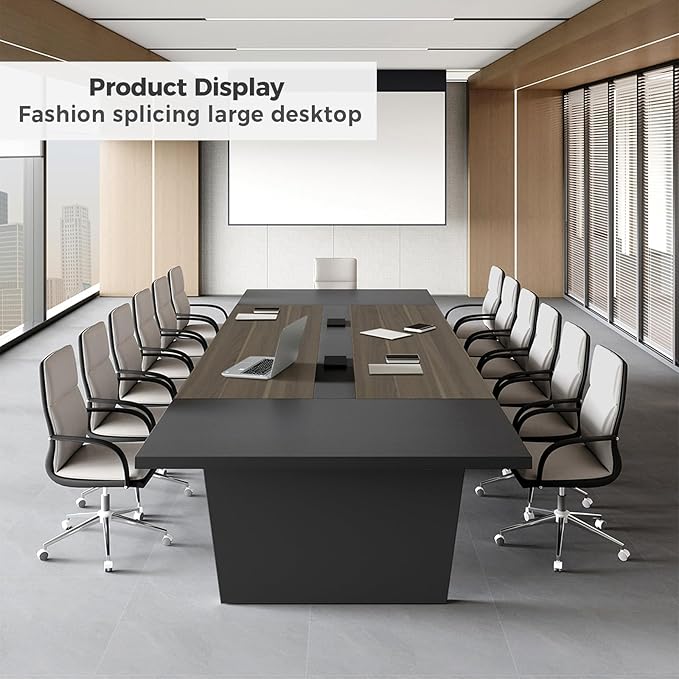 Modern Conference Table with Cable Management, Thickened Top & Trapezoidal Legs – Office Meeting Table for Executive Workspaces (Oak+Gray, 138" L