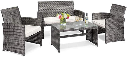 COSTWAY Patio Furniture Set 4 Pieces, Outdoor Wicker Chairs Sofa w/Coffee Table and Soft Cushions, Rattan Conversation Sets for Patio Lawn Backyard Yard Pool Garden, White