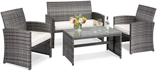 COSTWAY Patio Furniture Set 4 Pieces, Outdoor Wicker Chairs Sofa w/Coffee Table and Soft Cushions, Rattan Conversation Sets for Patio Lawn Backyard Yard Pool Garden, White