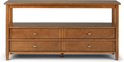 SIMPLIHOME Warm Shaker Wide Console Table - 60 Inch Wide Solid Wood Sofa Table in Light Golden Brown, Transitional Storage for Living Room with 4 Drawers, Open Shelf, and Brushed Nickel Knobs