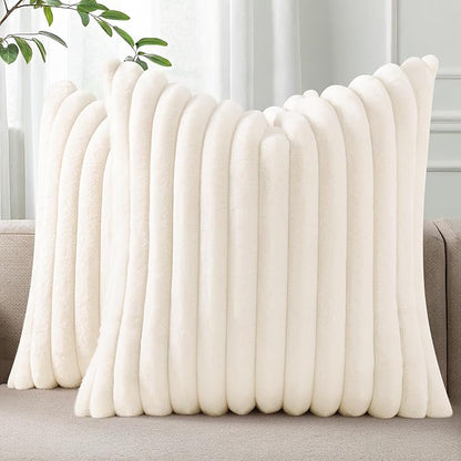 Pallene Faux Fur Plush Christmas Throw Pillow Covers 22x22 Set of 2, Luxury Soft Fluffy Striped Decorative Pillow Covers for Sofa, Couch, Living Room, Cream White
