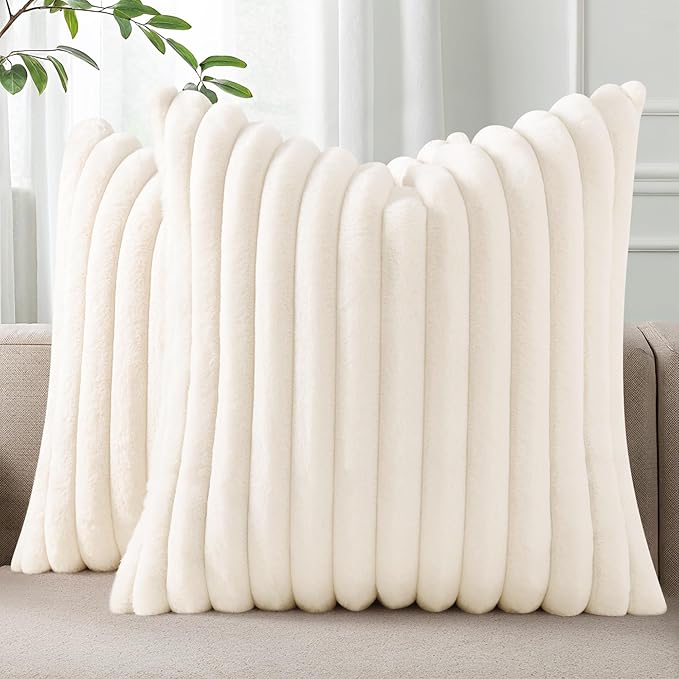 Pallene Faux Fur Plush Christmas Throw Pillow Covers 20x20 Set of 2, Luxury Soft Fluffy Striped Decorative Pillow Covers for Sofa, Couch, Living Room, Cream White