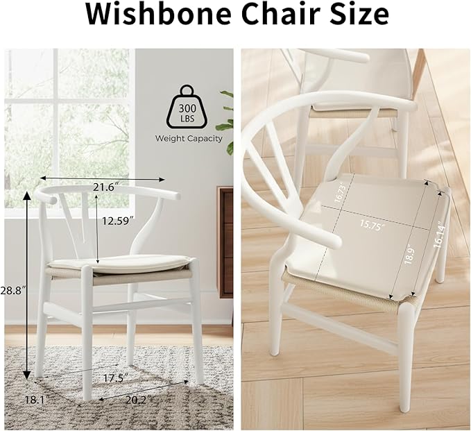 Tomile Wishbone Dining Chair with Arms, A Clean White PU Cushion Included on Handwoven Seat, Modern Mid-Century Y-Chair Crafted from White Ash Wood, Ideal for Dining Room Chairs Set (Ash Wood - White)