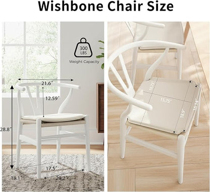 Tomile Wishbone Dining Chair with Arms, A Clean White PU Cushion Included on Handwoven Seat, Modern Mid-Century Y-Chair Crafted from White Ash Wood, Ideal for Dining Room Chairs Set (Ash Wood - White)