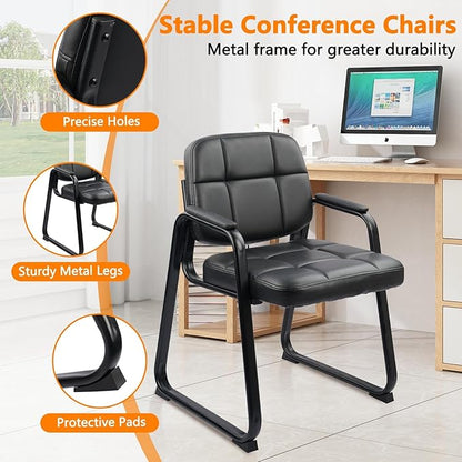CLATINA Waiting Room Chairs with Padded Arms Leather Guest Chair no Wheels for Office Reception and Conference Desk with Sled Base Black, 2PK