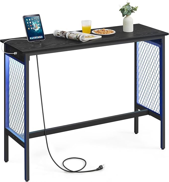 VASAGLE Bar Table with Power Outlets, 47.2 Inches LED Lights Narrow Tall Pub Table, Counter Height Console Desk, Mesh Panels and Metal Frame, for Kitchen, Entryway, Ebony Black and Matte Black