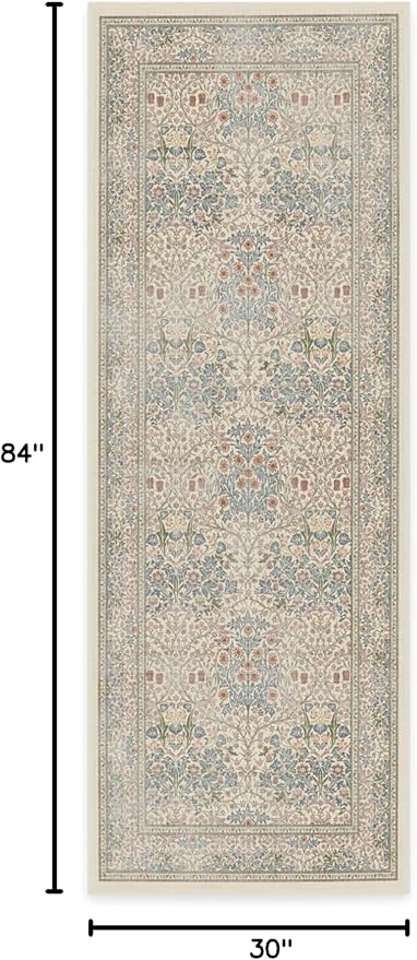 RUGGABLE x Morris & Co Machine Washable Runner Rug – Blackthorn Ivory Blue 2.5x7, Stain-Resistant, Non-Slip – Washable Rug for Hallway, Entryway, Living Room & Kitchen–with Cushioned Pad