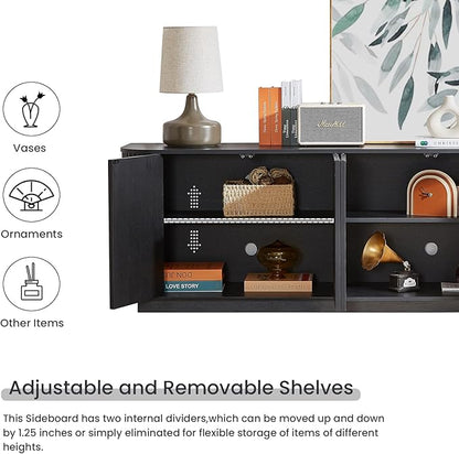 LKTART 64" Sideboard Buffet Cabinet with Storage, Wooden Fluted Storage Cabinet Sideboard Credenza with Adjustable Shelves Pressed Spring for Kitchen Living Room (Black Gray)
