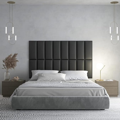 Art3d Peel and Stick Headboard for Queen and King in Black, Pack of 9 Panels Sized 9.84" x 23.62", 3D Soundproof Wall Panels, Upholstered Wall Panel