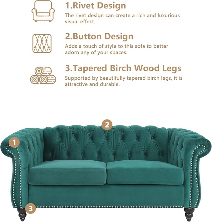 Velvet Loveseat Sofa, Mid Century Modern Upholstered Couch, 62" Oversized Comfy 2 Seater Love Seat Couch with Cushions, Tufted Chesterfield Sofa for Living Room, Bedroom, Apartment (Green)