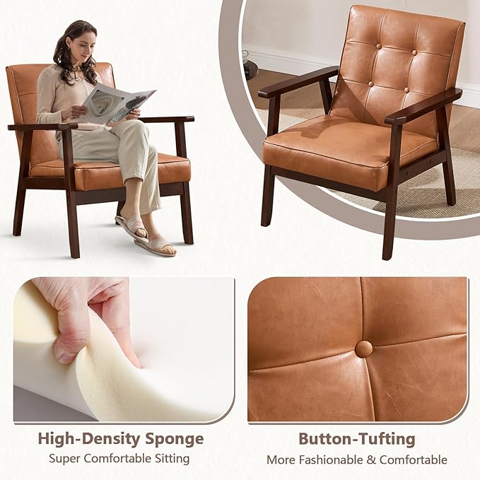 ANJ Mid Century Modern Accent Chair for Living Room, Tufted Faux Leather Armchair, Comfy Retro Bedroom Side Chair with Dark Wood Frame, Orange Brown
