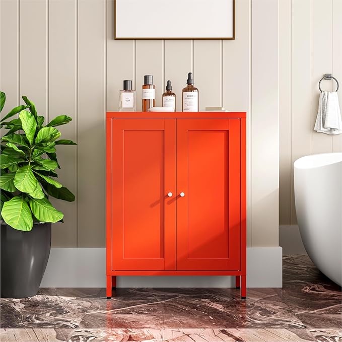 Metal Bathroom Cabinet, Small Floor Storage Cabinet, Freestanding Sideboard with 2 Adjustable Shelves for Living Room, Dinging Room (Orange, 31.5" H-2 Doors)