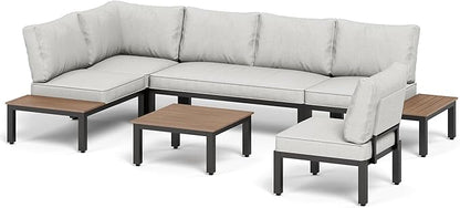 PHI VILLA 6 Pieces Outdoor Patio Furniture Set,Metal Frame Modern Outdoor Sectional Sofa Set,6 Seats Patio Conversation Sets with Coffee Table&Thickened Cushion,for Poolside and Backyard,Light Grey