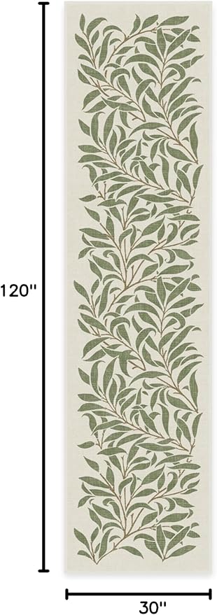 RUGGABLE x Morris & Co Machine Washable Runner Rug – Pure Willow Boughs Green 2.5x10, Stain-Resistant, Non-Slip – Washable Rug for Hallway, Entryway, Living Room & Kitchen–with Cushioned Pad