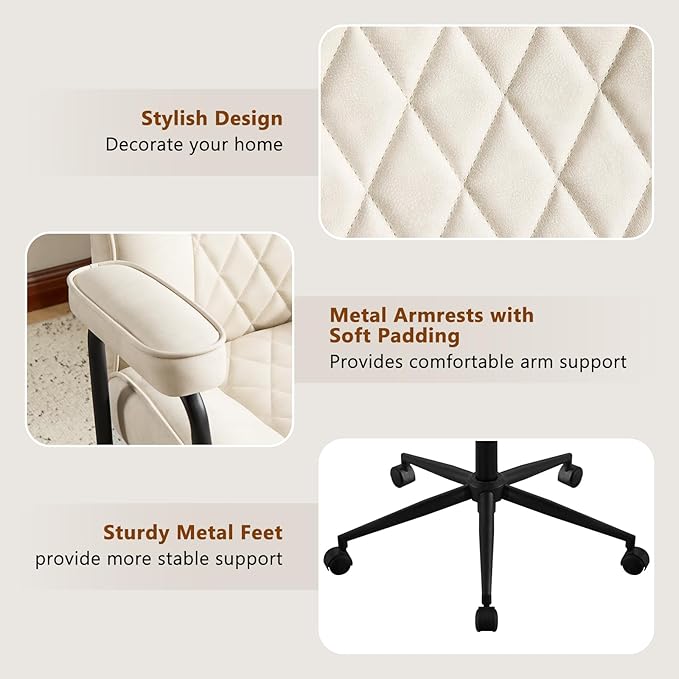 Leather Home Office Desk Chairs, Comfy Office Chair, Mid Century Modern Office Chair with Lumbar Support, Mid-Back Adjustable Swivel Computer Chair with Wheels and Arms, Beige