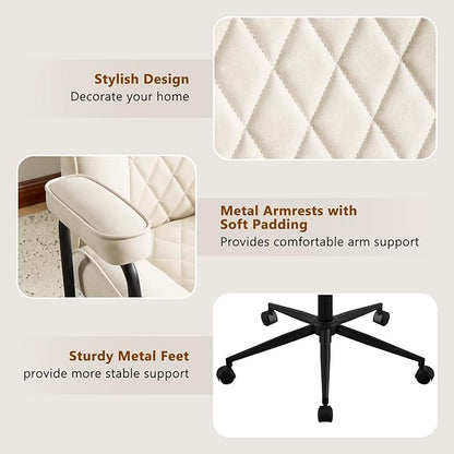 Leather Home Office Desk Chairs, Comfy Office Chair, Mid Century Modern Office Chair with Lumbar Support, Mid-Back Adjustable Swivel Computer Chair with Wheels and Arms, Beige