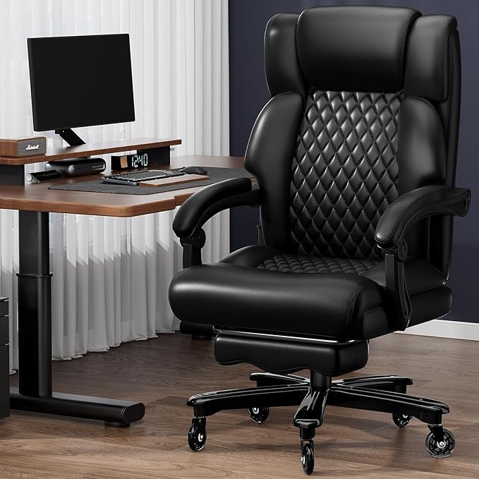 Executive Office Chair Big and Tall 700lbs Heavy Duty Metal Base Desk Chair with Footrest & Silent Rubber Wheels High Back Computer Chair for Heavy People, Thick and Wide Seat, Black