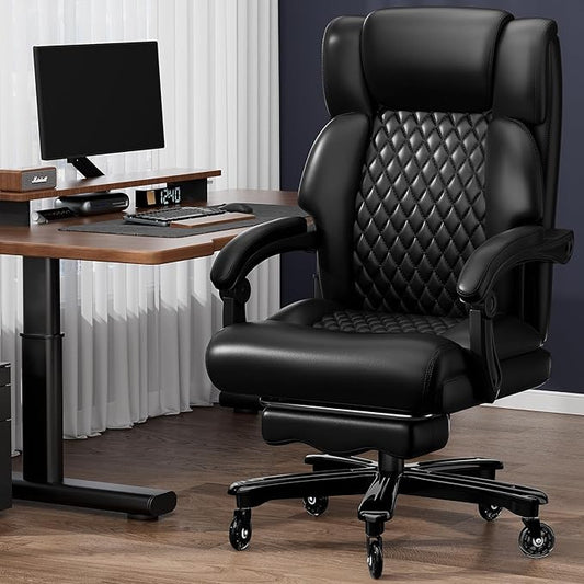 Executive Office Chair Big and Tall 700lbs Heavy Duty Metal Base Desk Chair with Footrest & Silent Rubber Wheels High Back Computer Chair for Heavy People, Thick and Wide Seat, Black