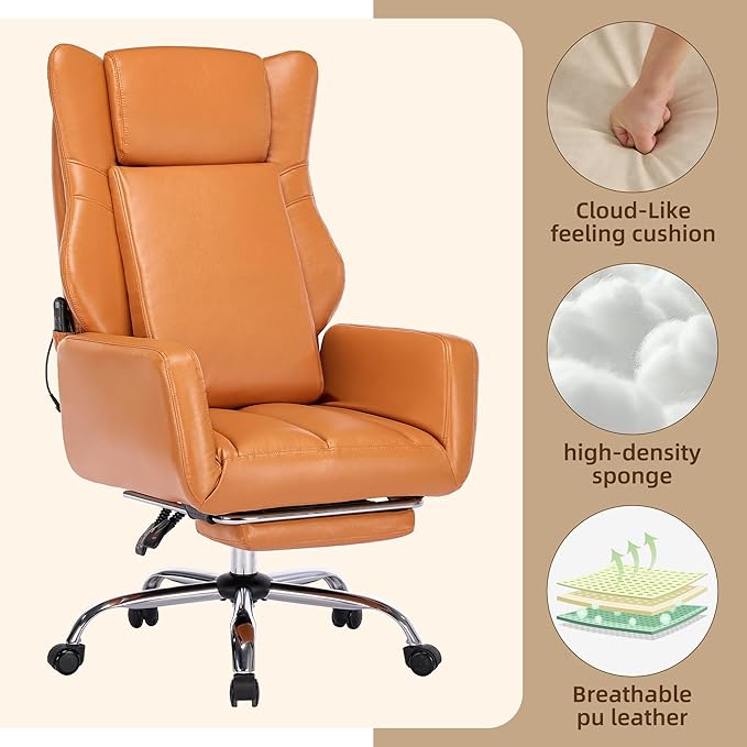 DYHOME Orange Leather Office Chair with Massage and Footrest, Heavy Duty Task Desk Chairs, Swivel Ergonomic Computer Gaming Chairs with Lumbar Support, Wheels Flip-up Arms Adjustable Height