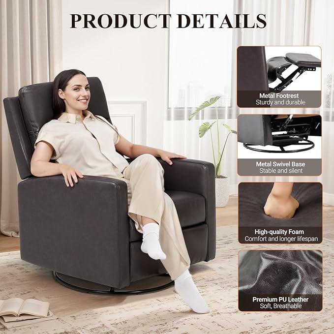 COLAMY Recliner Chair Set of 2, PU Leather 360° Swivel Rocker Recliner, Nursery Glider Recliner with Ergonomic High Backrest and Upholstered Deep Seat for Living Room, Bedroom, Color Chocolate