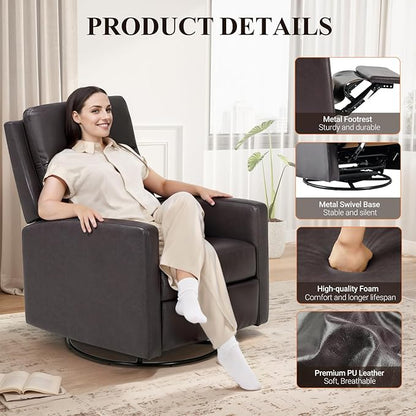 Swivel Rocking Recliner,Wide PU Leather Glider Sofa Chair with Ergonomic High Backrest for Bedroom,Living Room（Chocolate Brown）