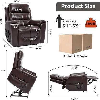 PELUMY Power Lift Recliner Chair for Elderly with Massage and Heat, Dual Motor Heavy Duty 350lbs Recliner, 8-Point Vibration & Lumbar Heating, Electric Lift Chair (Breathable Leather, Dark Brown)