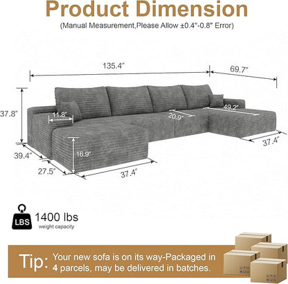 136" Sectional Couches for Living Room Modern Modular Sofa with L-Shape Couchs Upholstered Boneless Couch Deep Seat Sectional Couch with Chaise (Grey, Right Facing Chaise+3Seaters+Ottoman)