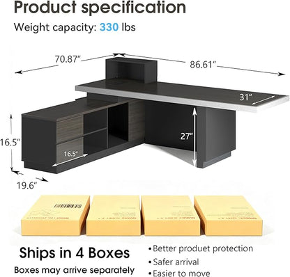 SAINTCY 86" Executive Desk with Drawers - L Shaped Desk with File Cabinet, Black Executive Office Desks with LED Light, Home Office Desk,2.6" Thickened Desktop